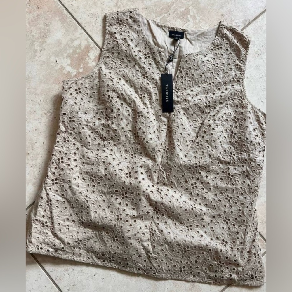Women’s Talbot’s Top Blouse 16 Tan Beige Eyelet Lace Sleeveless NWT